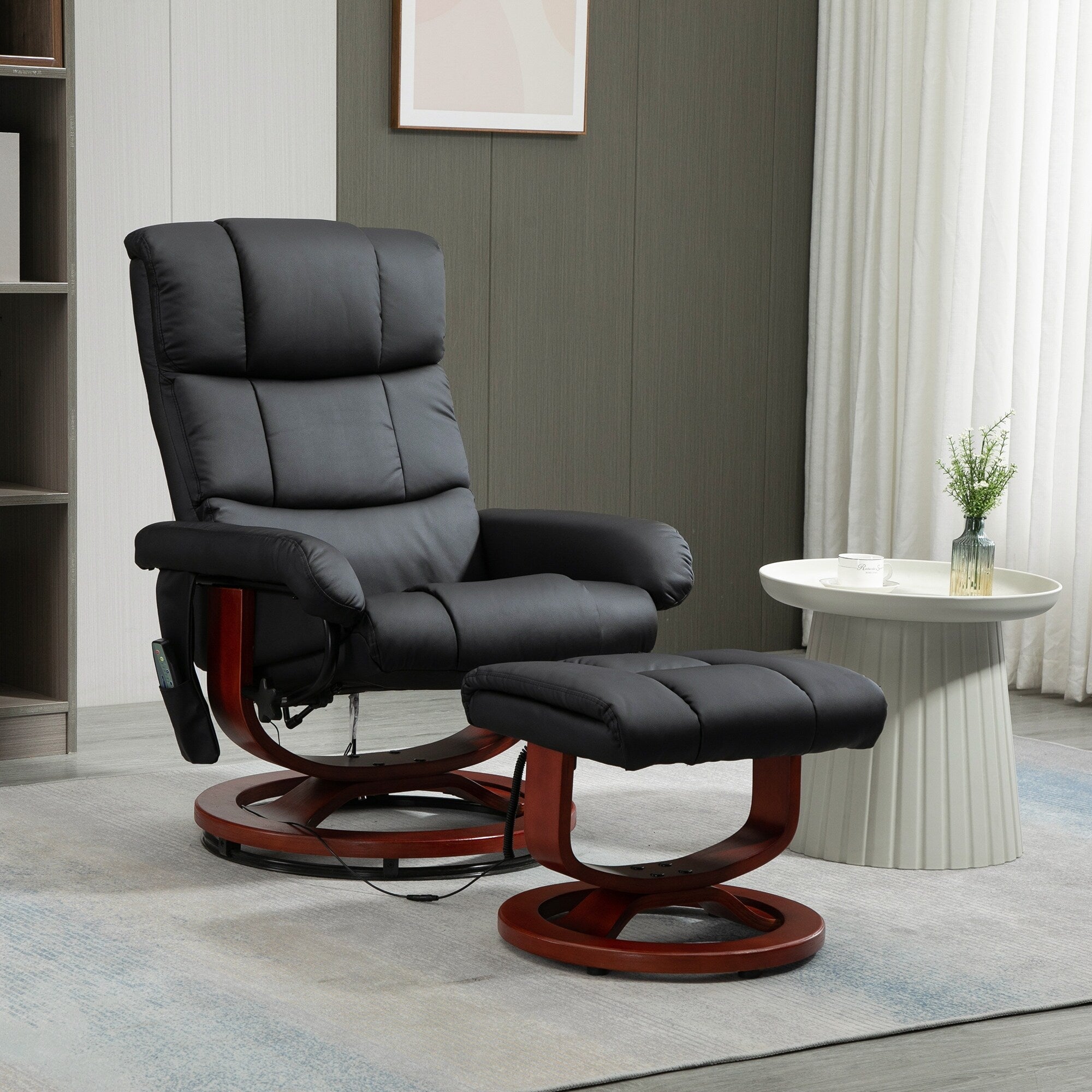 Fauteuil de massage inclinable et pivotant à 360° en cuir PU avec repose-pieds, vibration à 10 points, télécommande et poche latérale
