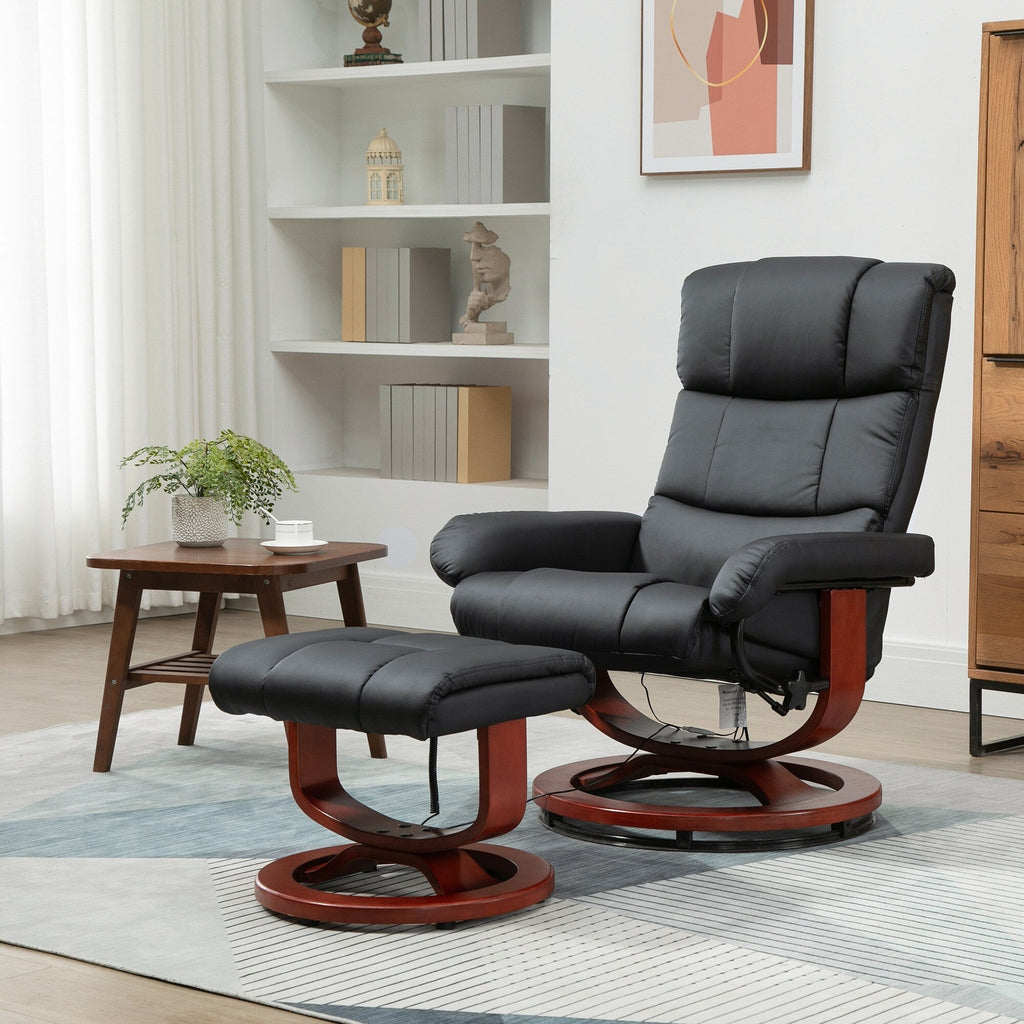 Fauteuil de massage inclinable et pivotant à 360° en cuir PU avec repose-pieds, vibration à 10 points, télécommande et poche latérale