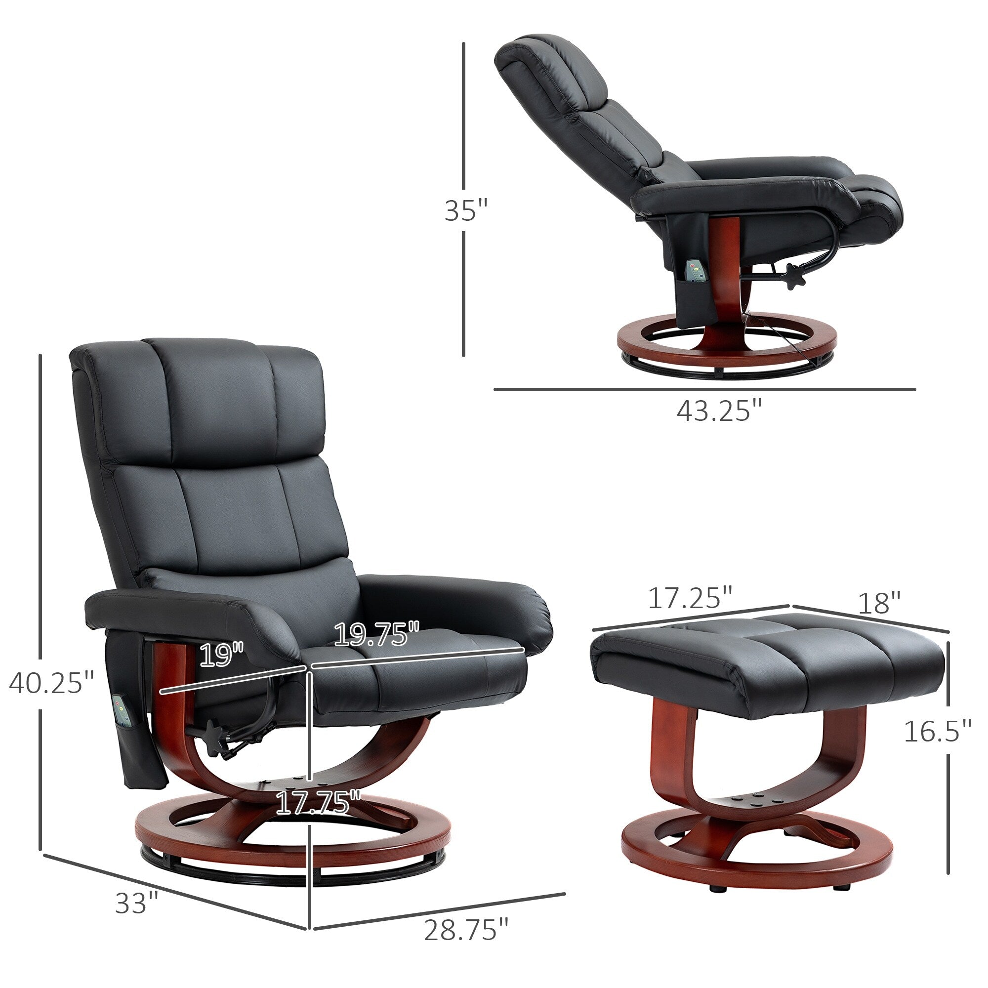 Fauteuil de massage inclinable et pivotant à 360° en cuir PU avec repose-pieds, vibration à 10 points, télécommande et poche latérale
