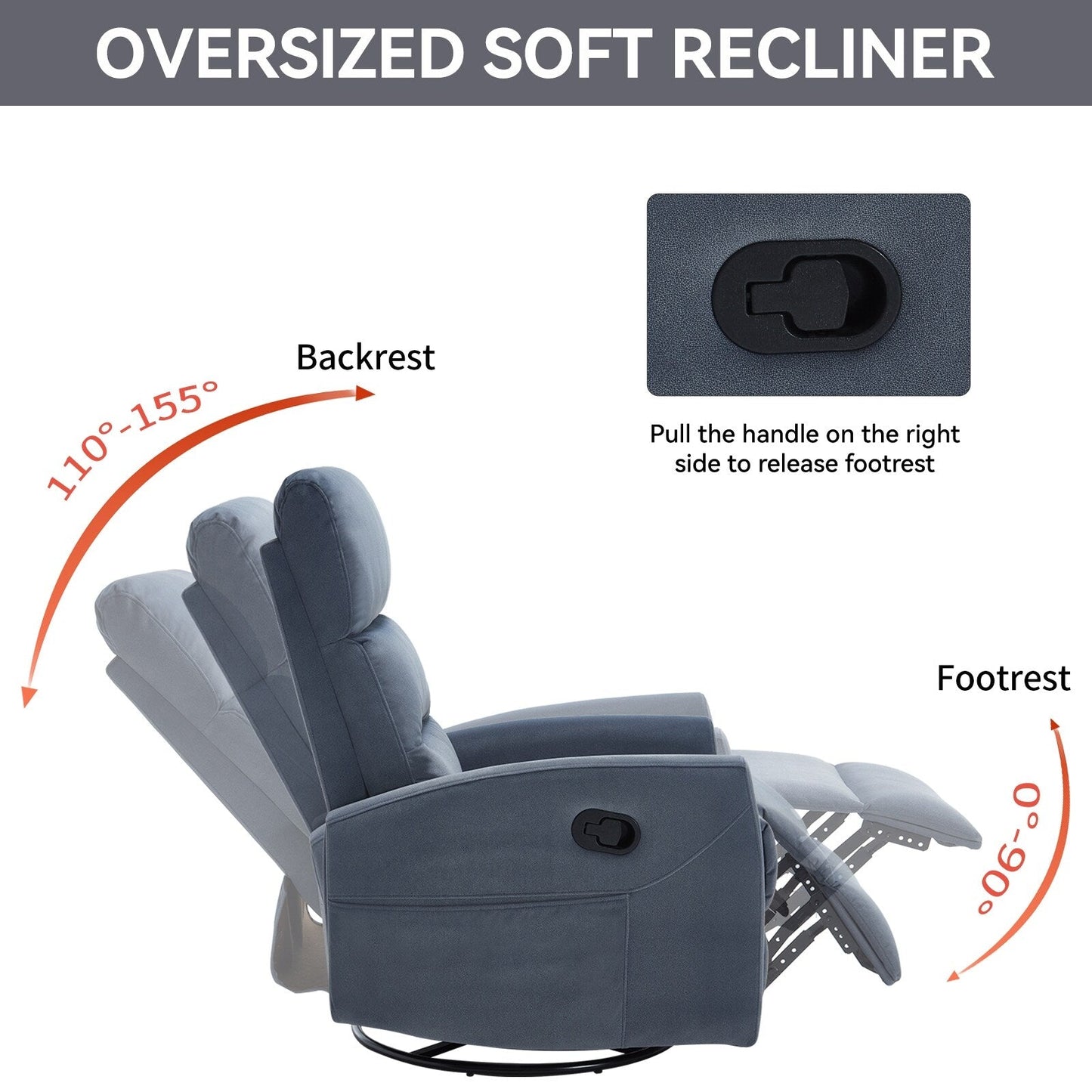 Canapé inclinable manuel simple pivotant à 360° en tissu avec dossier coussiné et accoudoirs carrés, chaises de chambre d'enfant