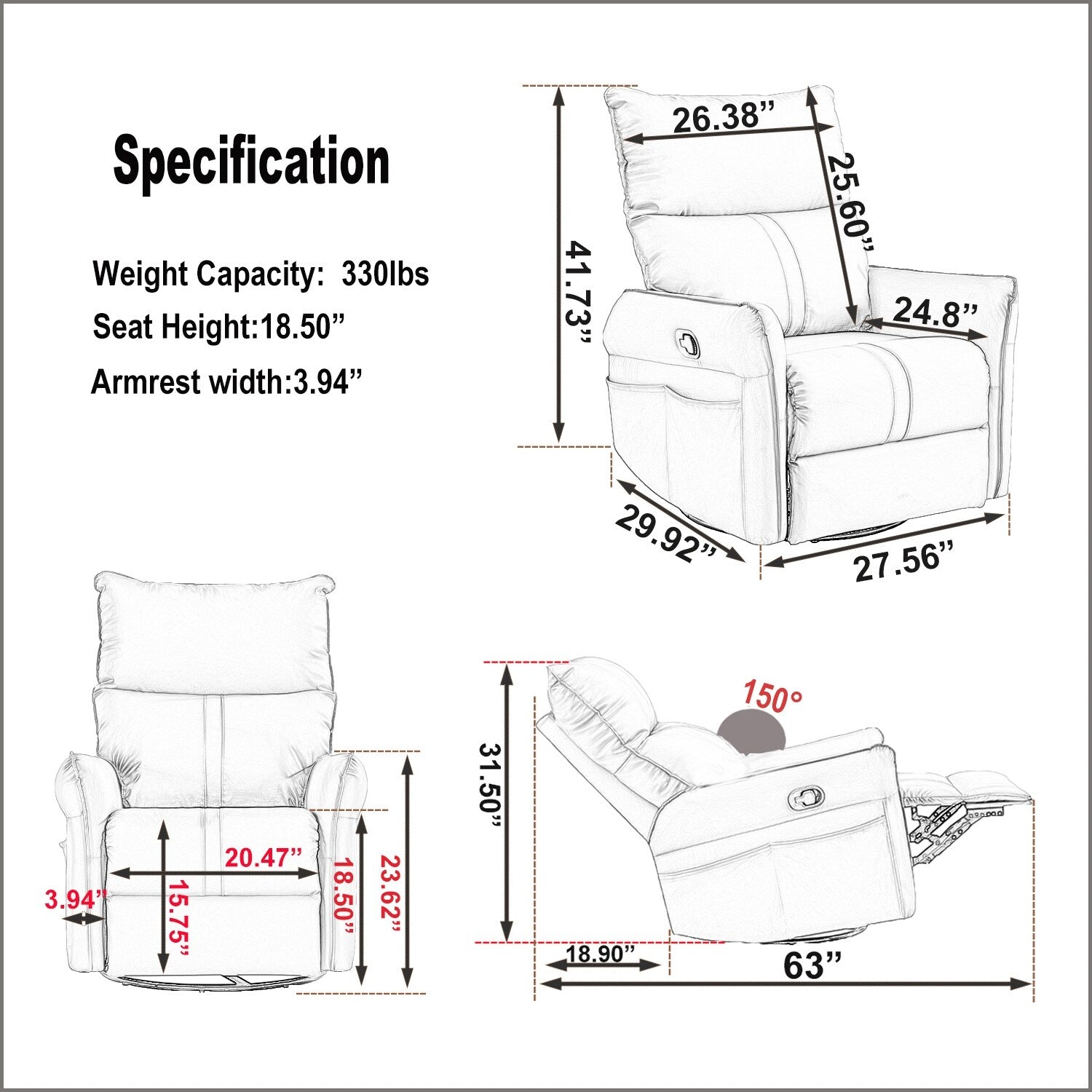 Fauteuil inclinable manuel pivotant à 360° pour salon et chambre à coucher