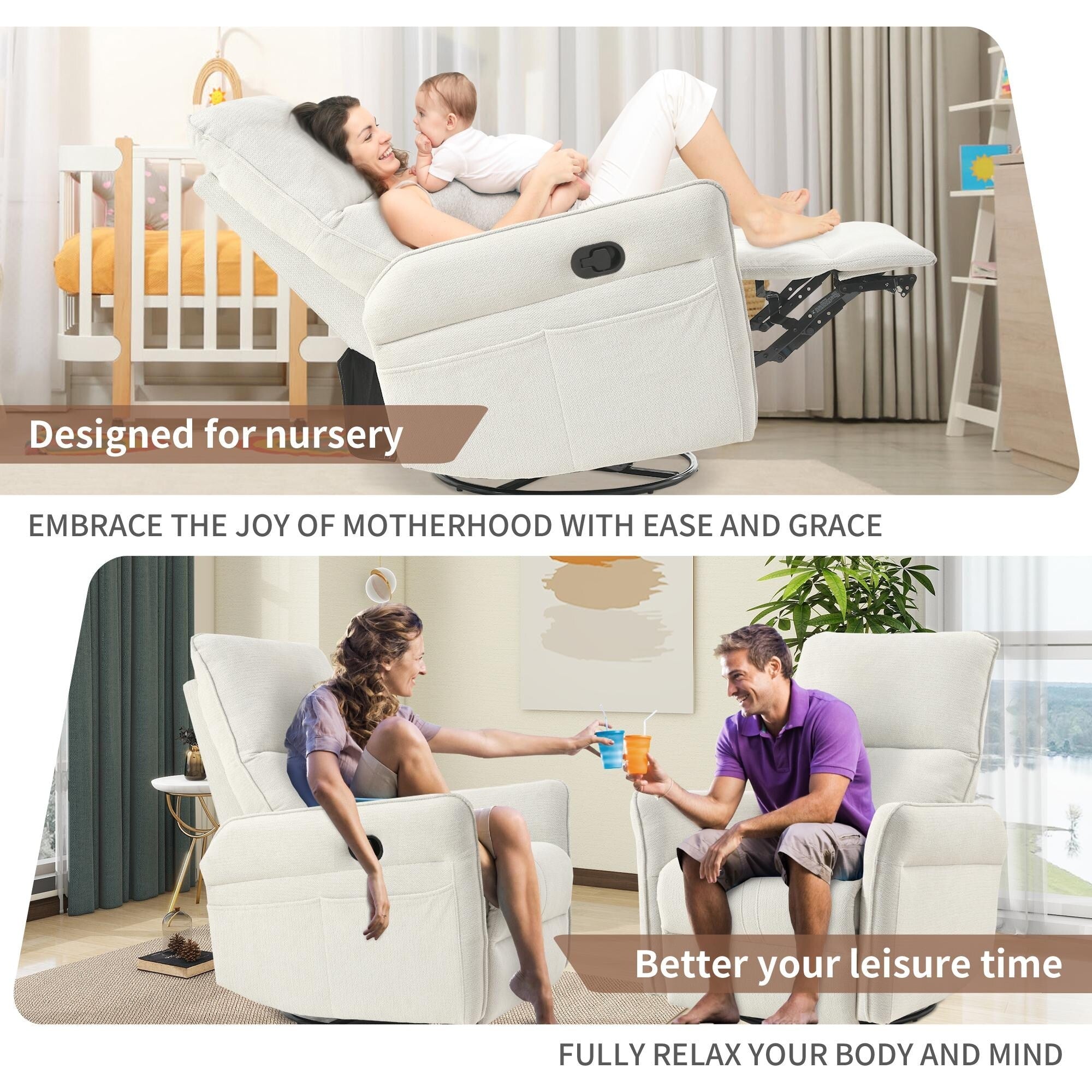 Fauteuil inclinable pivotant à 360°, fauteuil à bascule pivotant pour chambre d'enfant, fauteuil planeur, fauteuil inclinable pivotant à bascule moderne