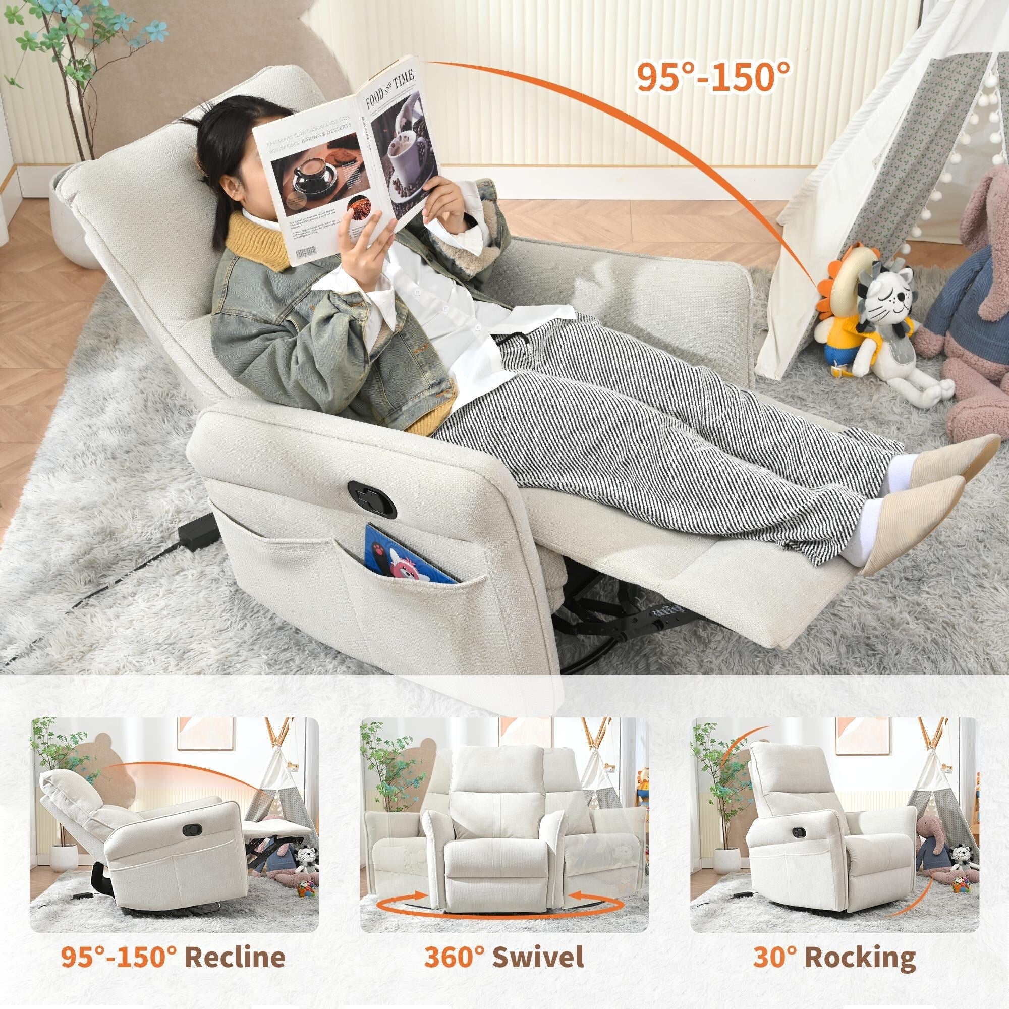 Fauteuil inclinable pivotant à 360°, fauteuil à bascule pivotant pour chambre d'enfant, fauteuil planeur, fauteuil inclinable pivotant à bascule moderne