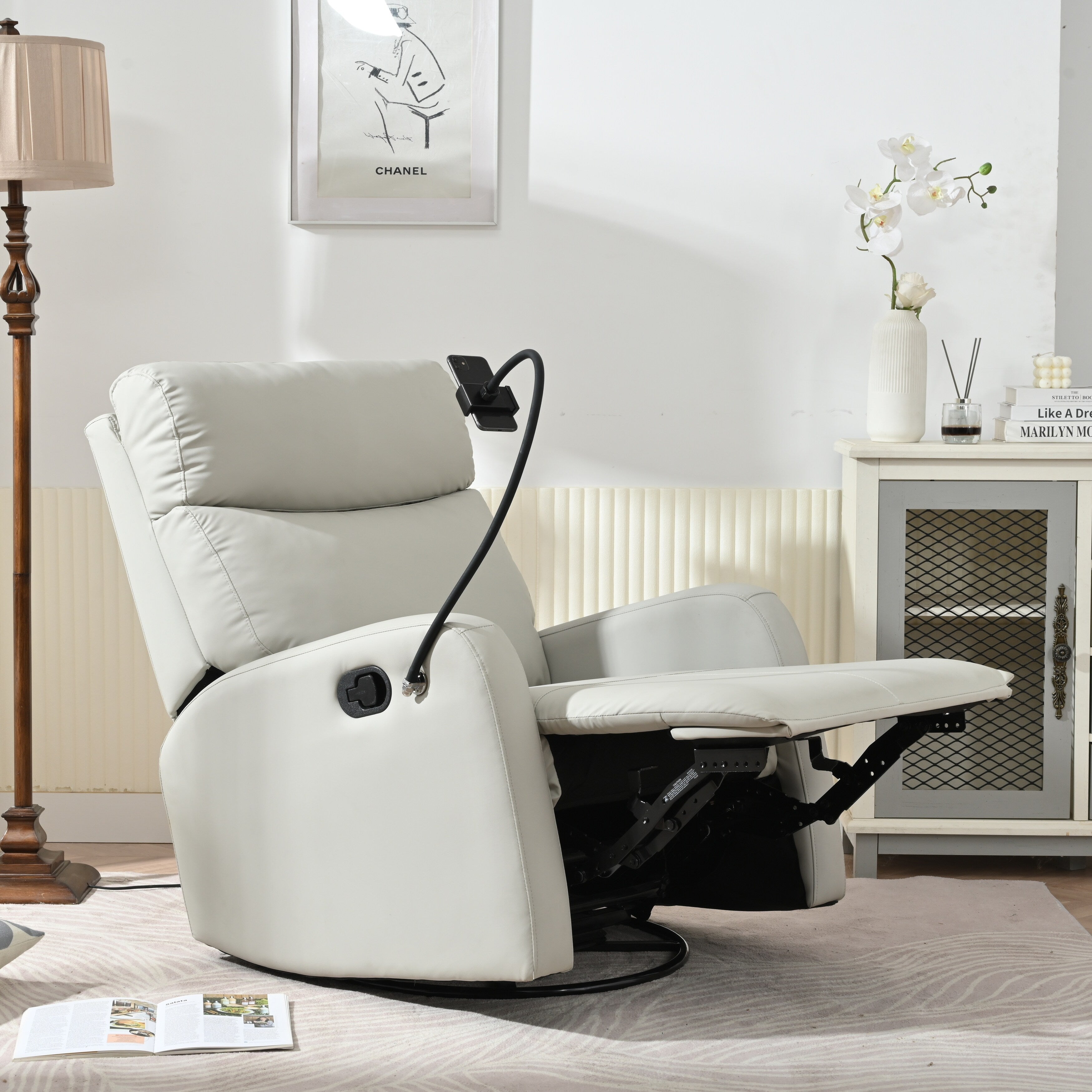 Fauteuil inclinable pivotant à 360° avec support de téléphone, repose-pieds et position réglable pour salon et home cinéma