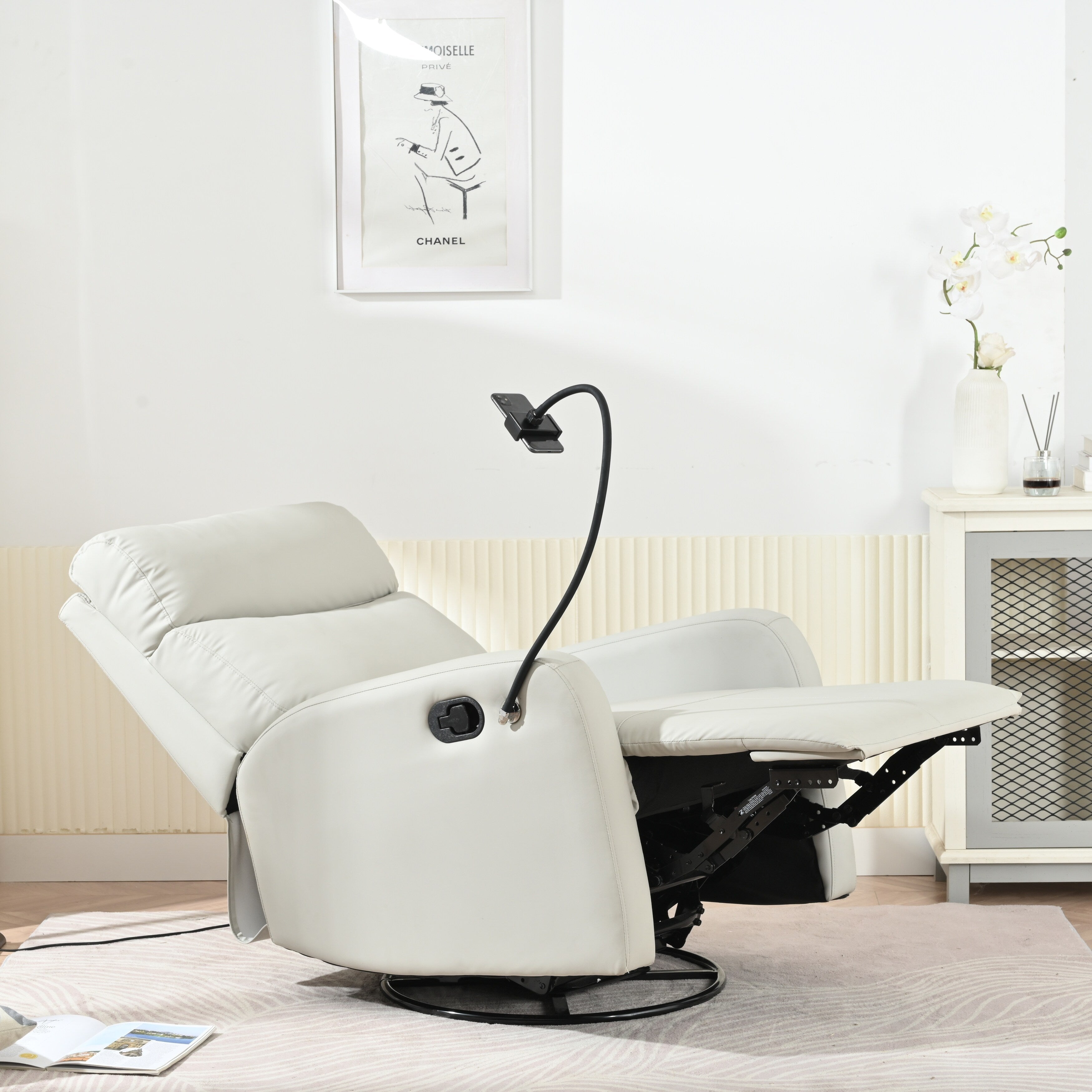 Fauteuil inclinable pivotant à 360° avec support de téléphone, repose-pieds et position réglable pour salon et home cinéma