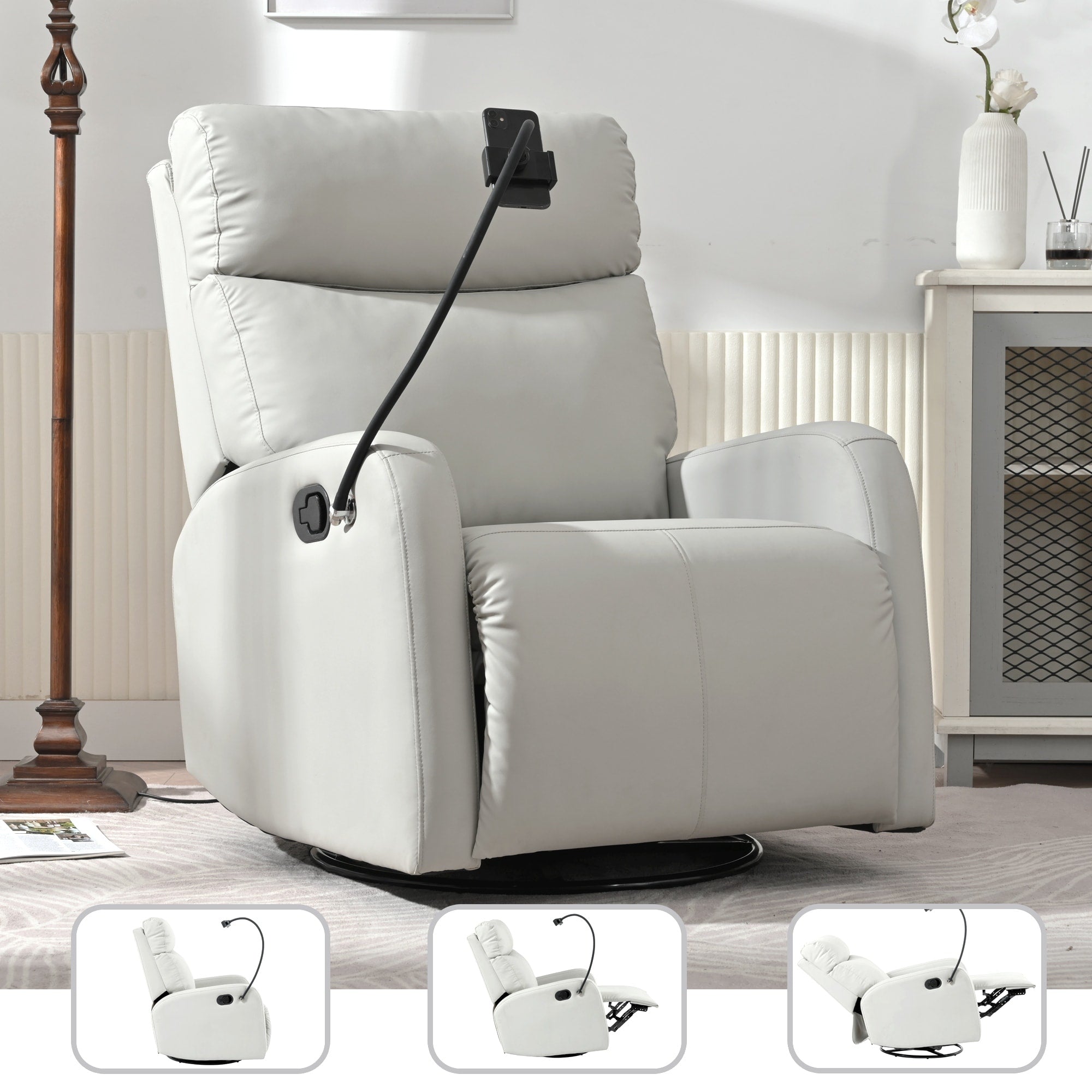 Fauteuil inclinable pivotant à 360° avec support de téléphone, repose-pieds et position réglable pour salon et home cinéma