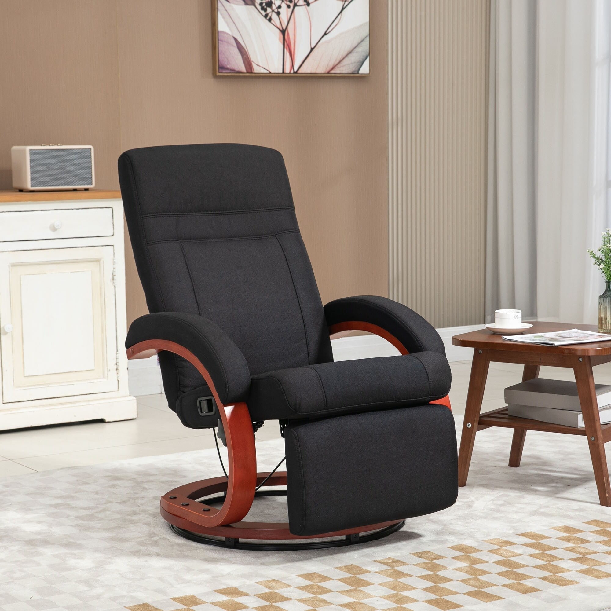 Fauteuil inclinable manuel pivotant à 360° avec base en bois, chaise de bureau inclinable réglable avec repose-pieds rétractable et accoudoirs rembourrés