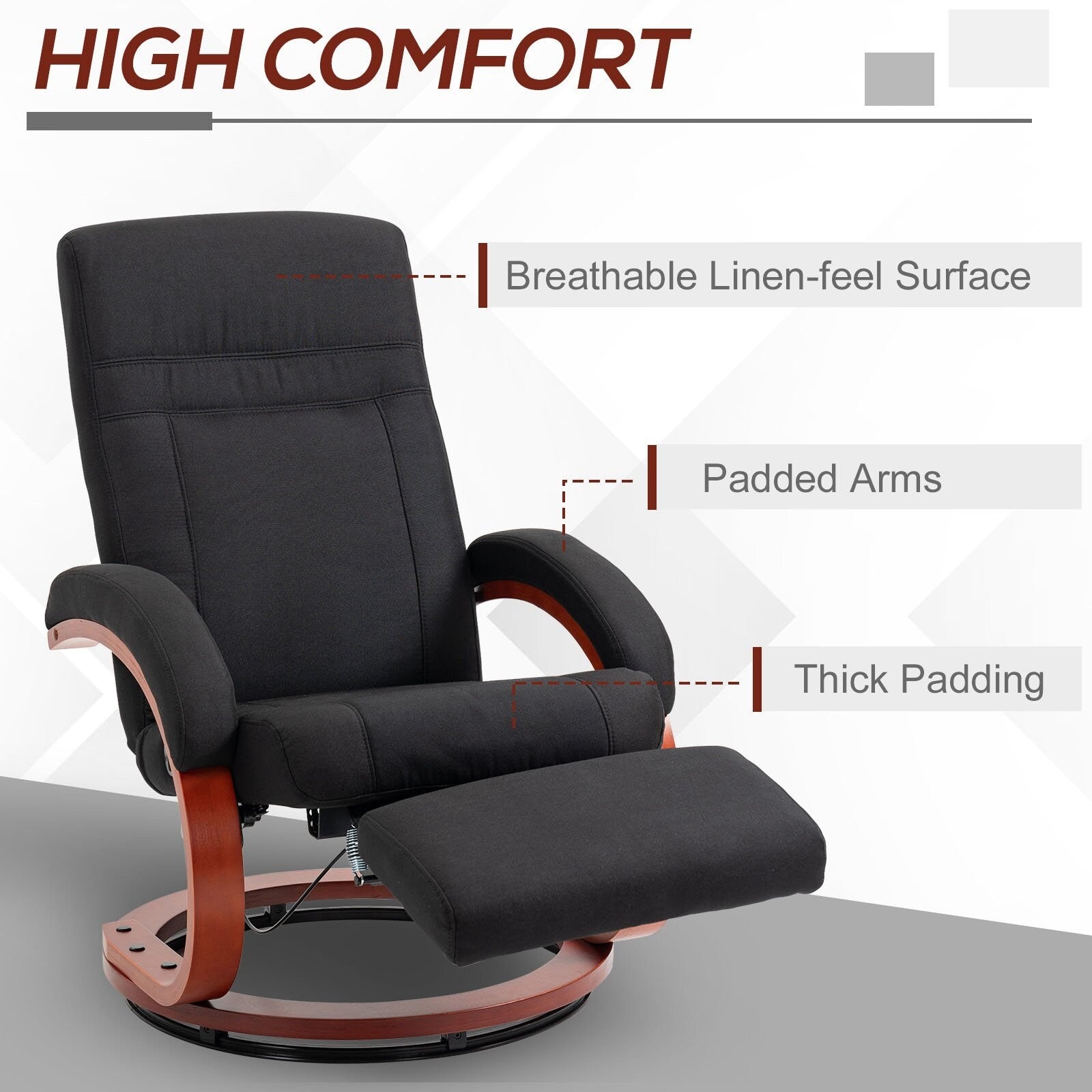 Fauteuil inclinable manuel pivotant à 360° avec base en bois, chaise de bureau inclinable réglable avec repose-pieds rétractable et accoudoirs rembourrés