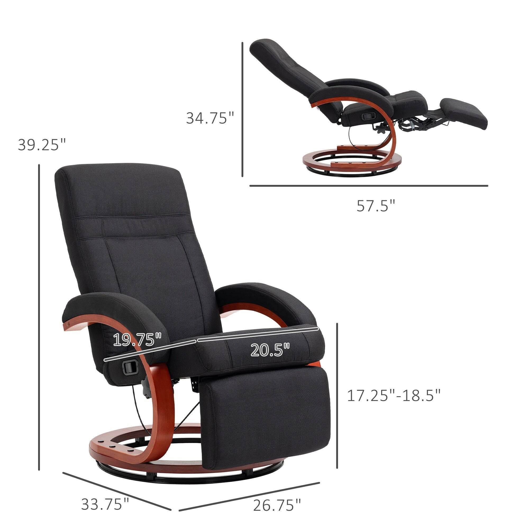 Fauteuil inclinable manuel pivotant à 360° avec base en bois, chaise de bureau inclinable réglable avec repose-pieds rétractable et accoudoirs rembourrés