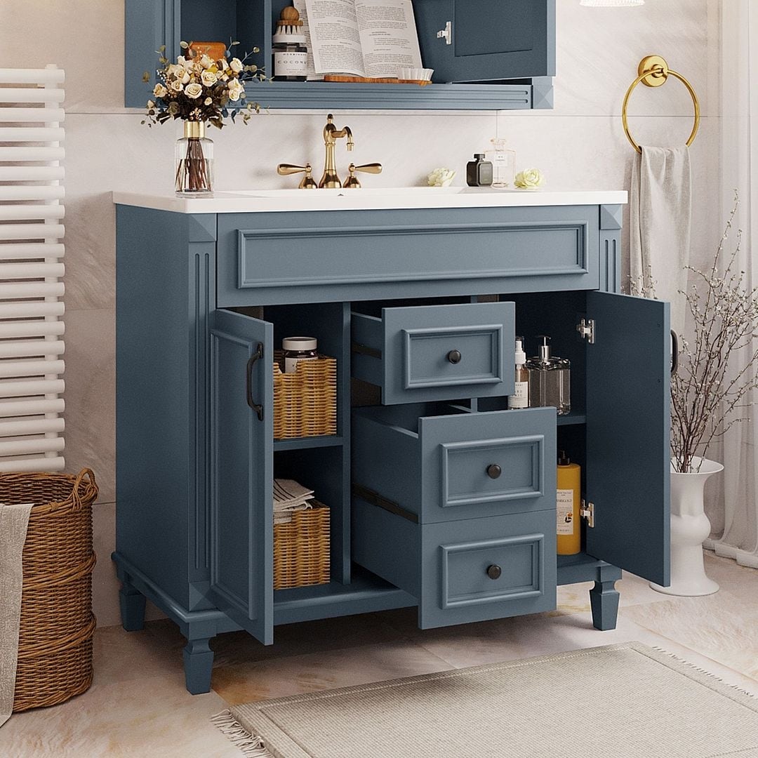 Meuble-lavabo moderne de 36 po avec lavabo supérieur et armoire à miroir, 2 portes et 2 tiroirs