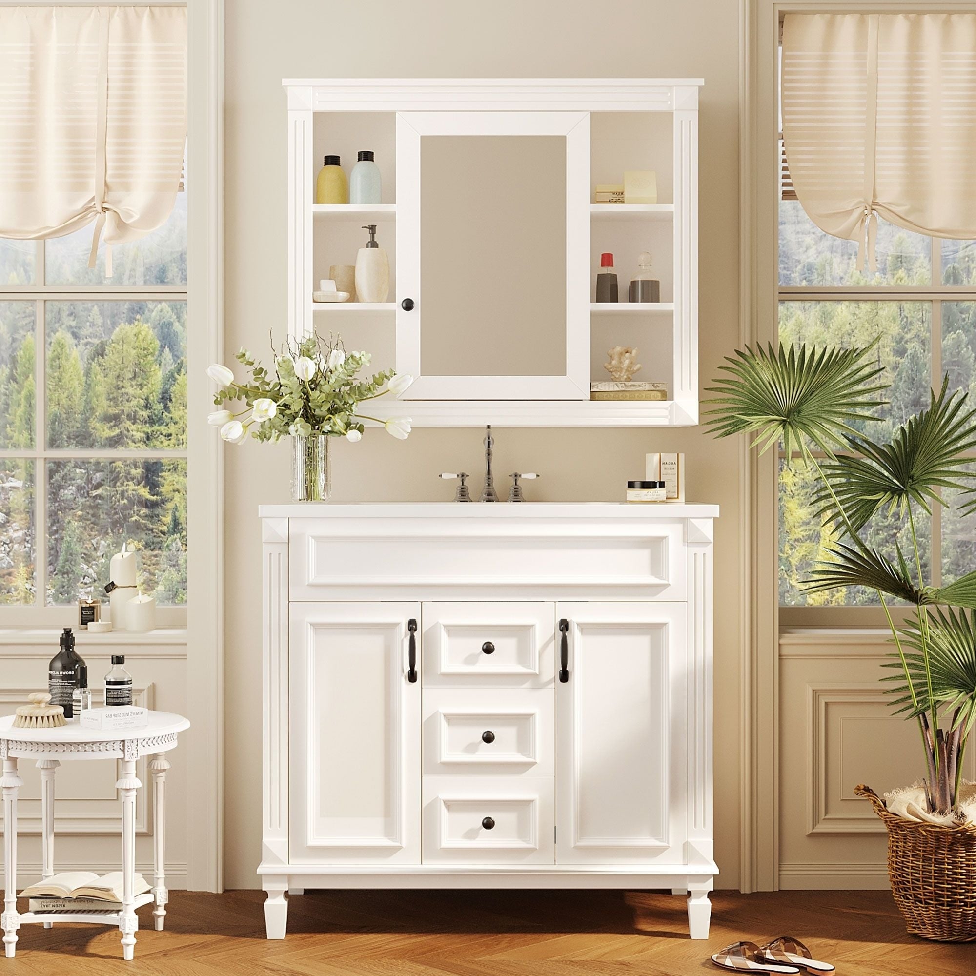 Meuble-lavabo moderne de 36 po avec lavabo supérieur et armoire à miroir, 2 portes et 2 tiroirs