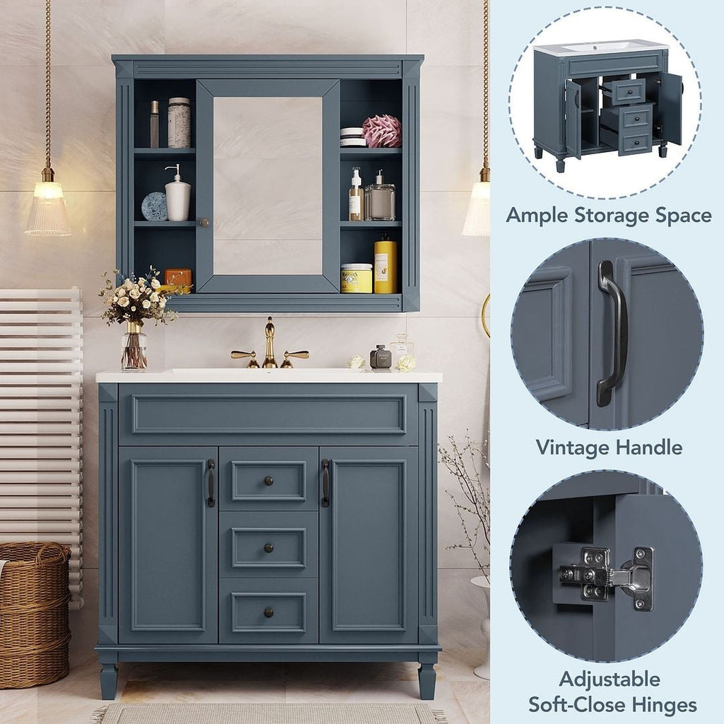 Meuble-lavabo moderne de 36 po avec lavabo supérieur et armoire à miroir, 2 portes et 2 tiroirs