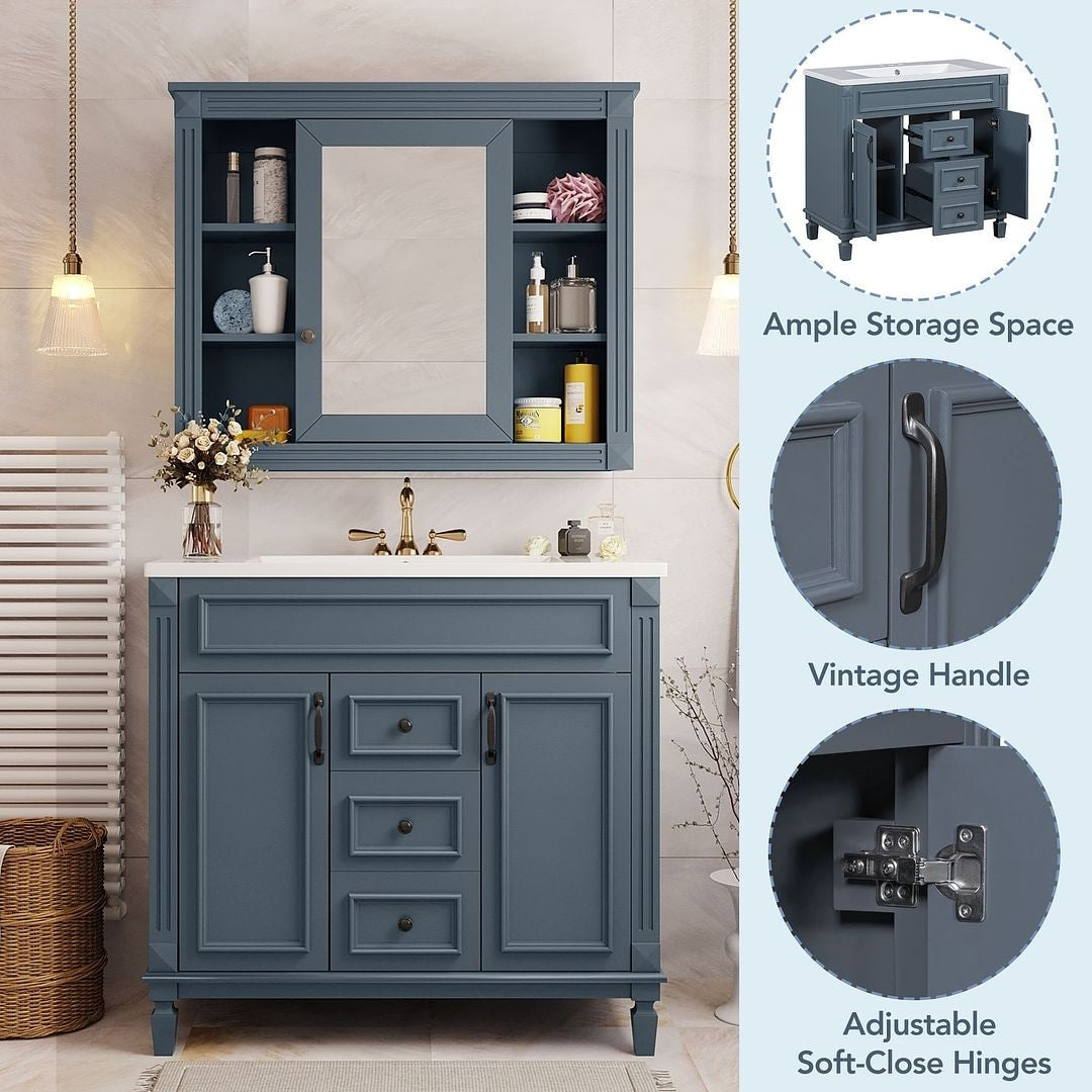 Meuble-lavabo moderne de 36 po avec lavabo supérieur et armoire à miroir, 2 portes et 2 tiroirs