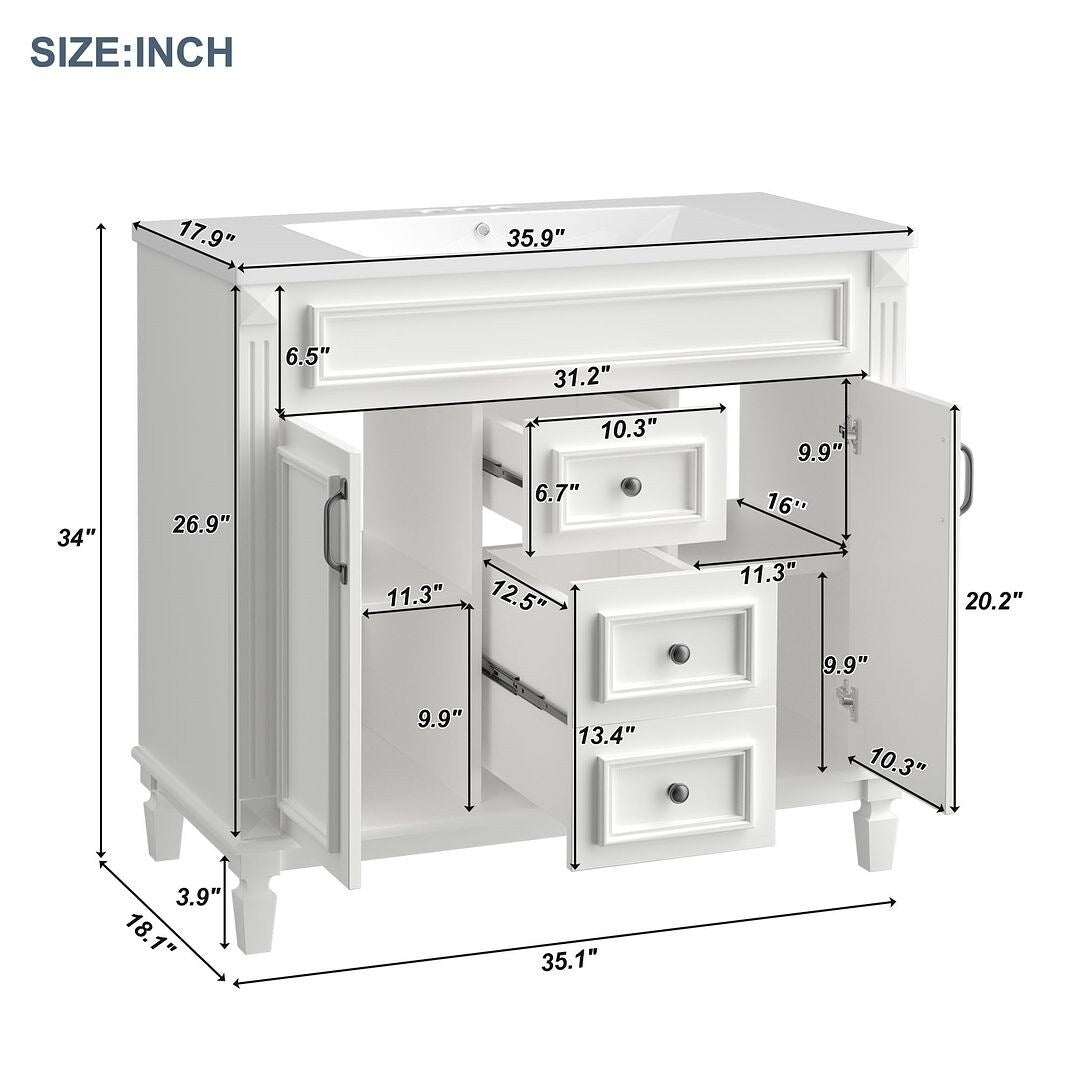 Meuble-lavabo moderne de 36 po avec lavabo supérieur et armoire à miroir, 2 portes et 2 tiroirs