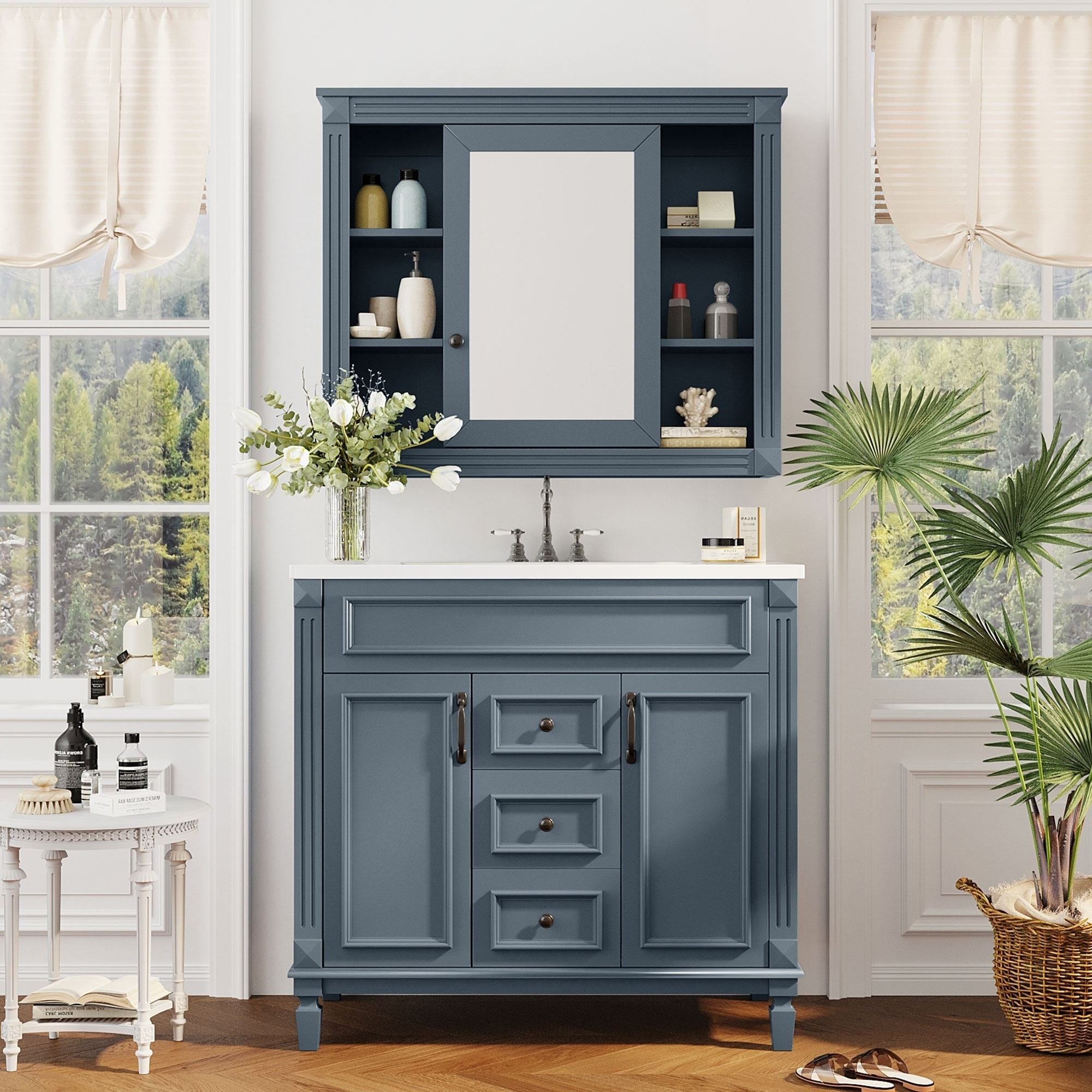 Meuble-lavabo moderne de 36 po avec lavabo supérieur et armoire à miroir, 2 portes et 2 tiroirs