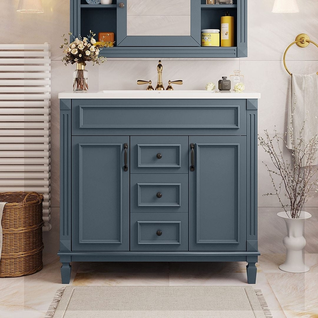 Meuble-lavabo moderne de 36 po avec lavabo supérieur et armoire à miroir, 2 portes et 2 tiroirs