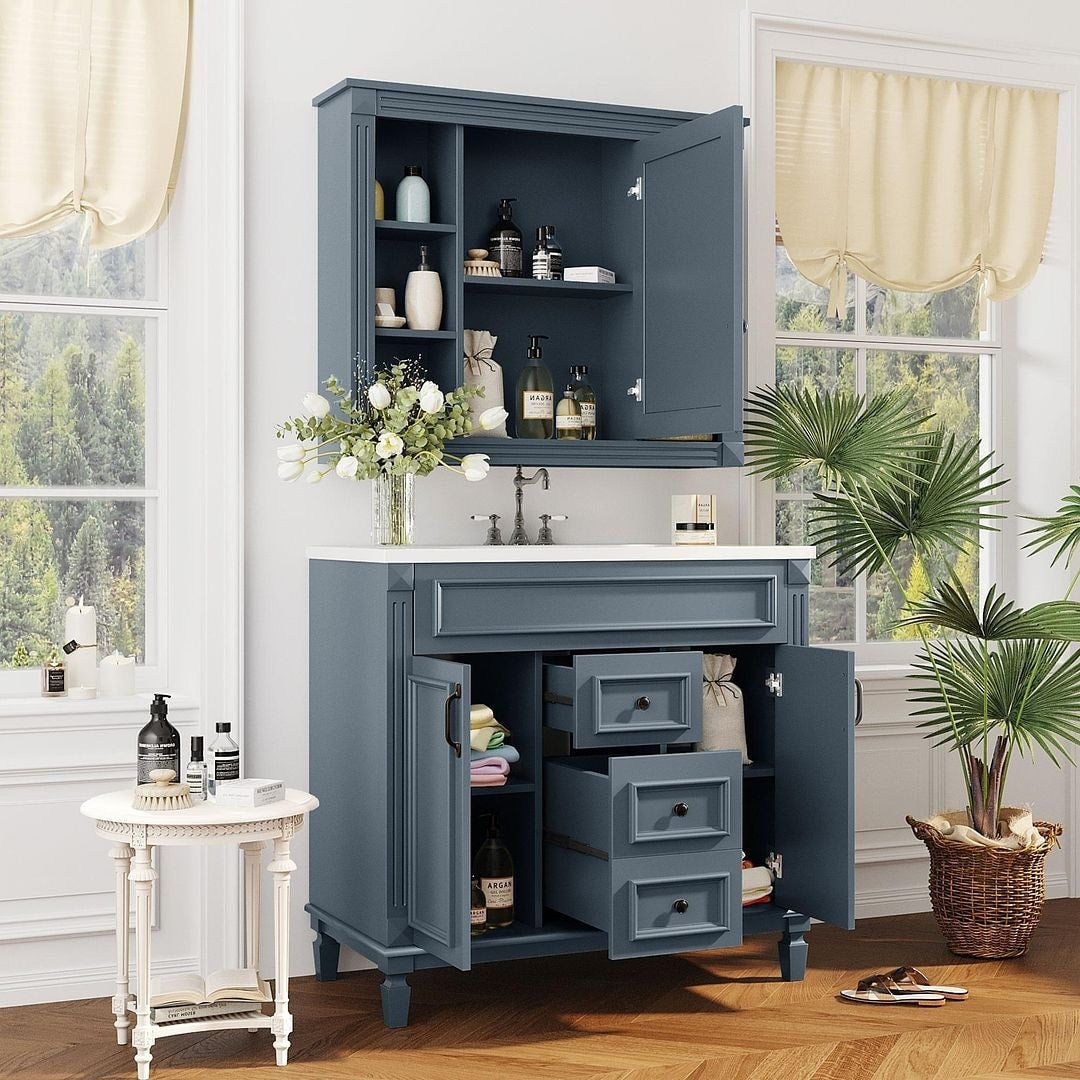 Meuble-lavabo moderne de 36 po avec lavabo supérieur et armoire à miroir, 2 portes et 2 tiroirs