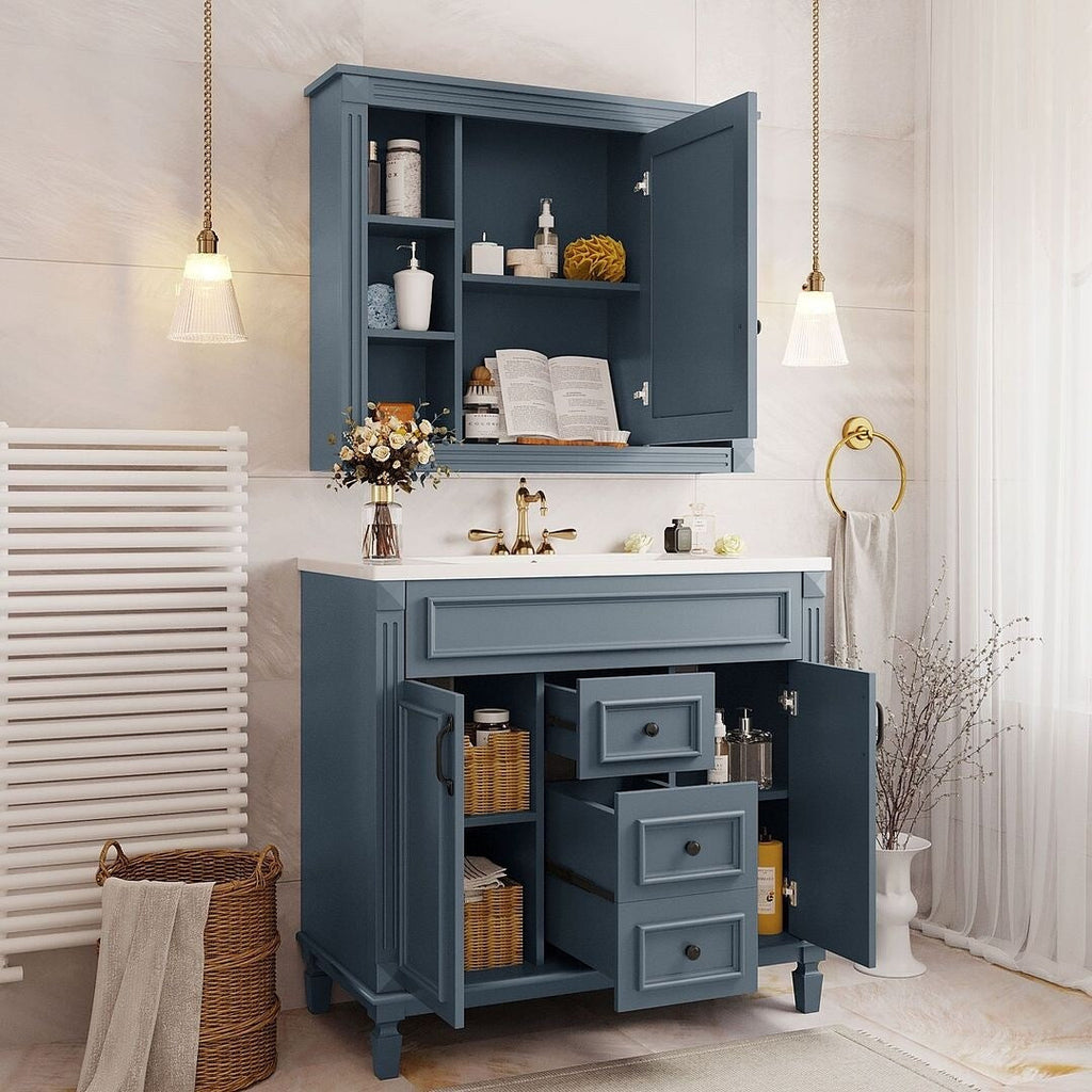 Meuble-lavabo moderne de 36 po avec lavabo supérieur et armoire à miroir, 2 portes et 2 tiroirs
