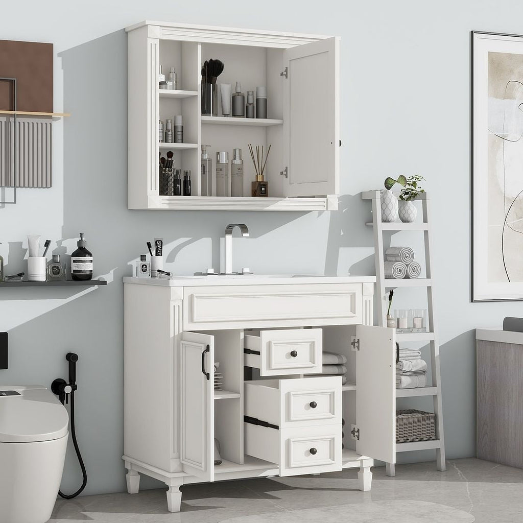 Meuble-lavabo moderne de 36 po avec lavabo supérieur et armoire à miroir, 2 portes et 2 tiroirs
