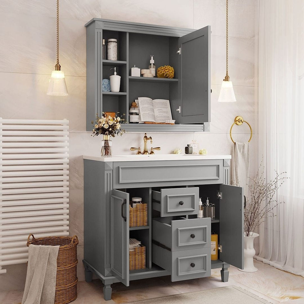 Meuble-lavabo moderne de 36 po avec lavabo supérieur et armoire à miroir, 2 portes et 2 tiroirs