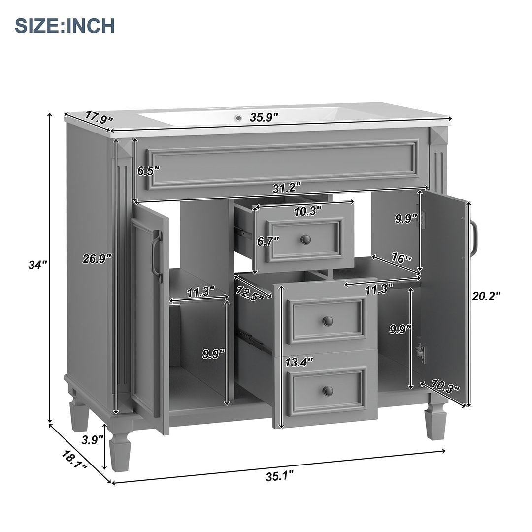 Meuble-lavabo moderne de 36 po avec lavabo supérieur et armoire à miroir, 2 portes et 2 tiroirs