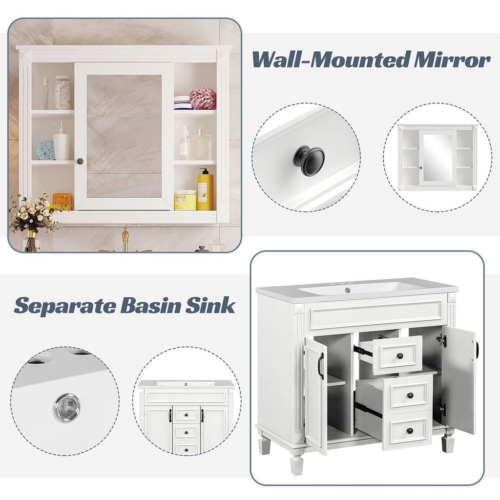 Meuble-lavabo moderne de 36 po avec lavabo supérieur et armoire à miroir, 2 portes et 2 tiroirs