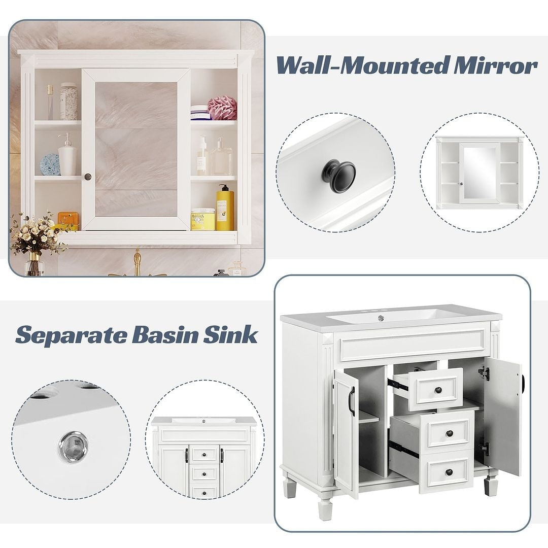 Meuble-lavabo moderne de 36 po avec lavabo supérieur et armoire à miroir, 2 portes et 2 tiroirs