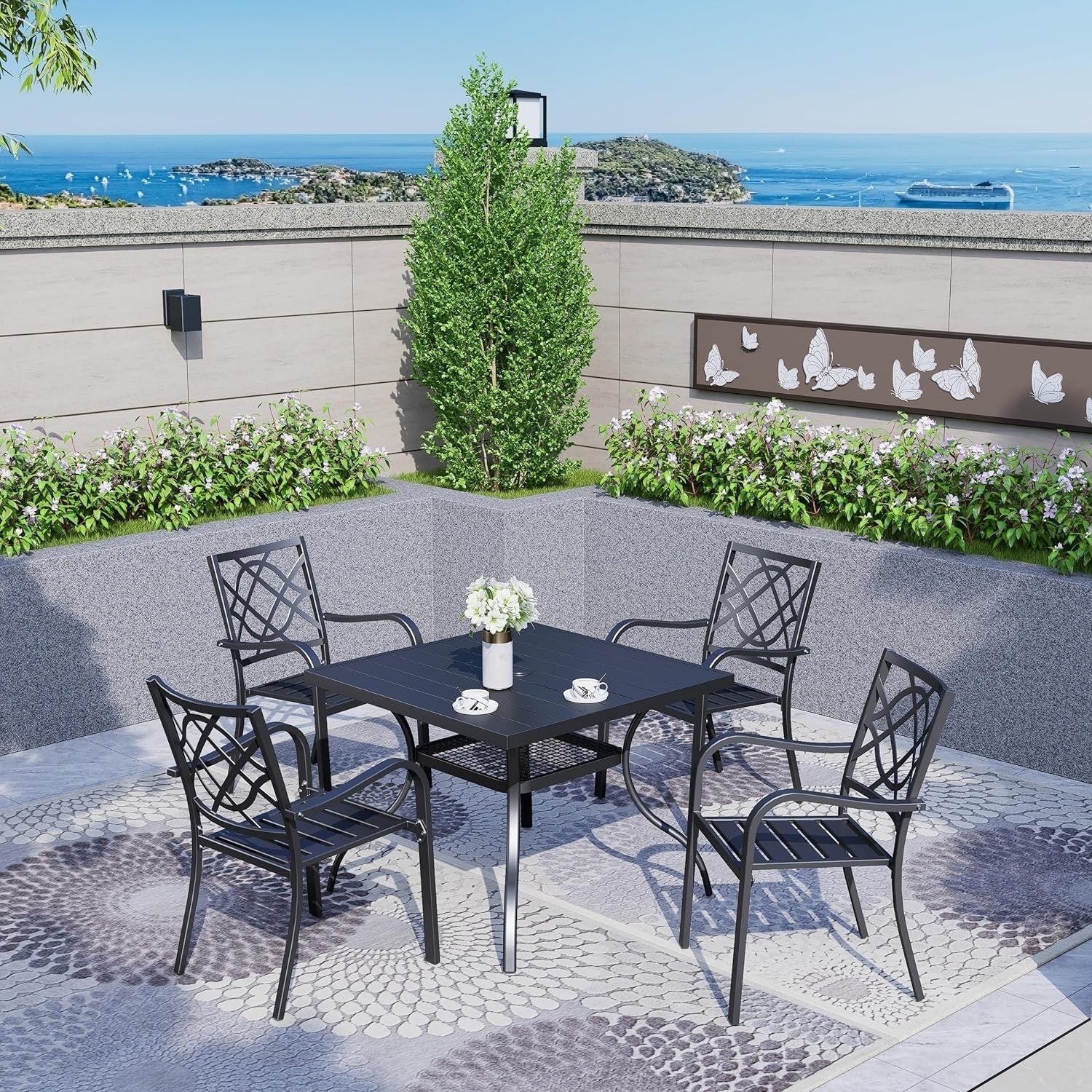 Table à manger rectangulaire en métal pour patio extérieur 60 x 37 avec trou pour parasol pour 6 personnes