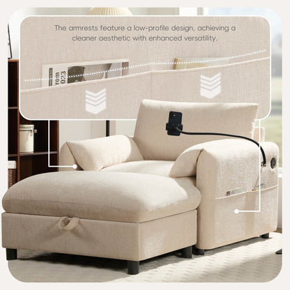 Canapé simple en chenille de 38 pouces avec pouf de rangement, chargeur USB, poches de rangement latérales et accoudoirs en forme de coussin