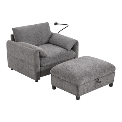 Canapé simple en chenille de 38 pouces avec pouf de rangement, chargeur USB, poches de rangement latérales et accoudoirs en forme de coussin