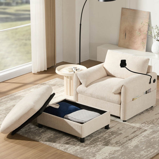 Canapé simple en chenille de 38 pouces avec pouf de rangement, chargeur USB, poches de rangement latérales et accoudoirs en forme de coussin