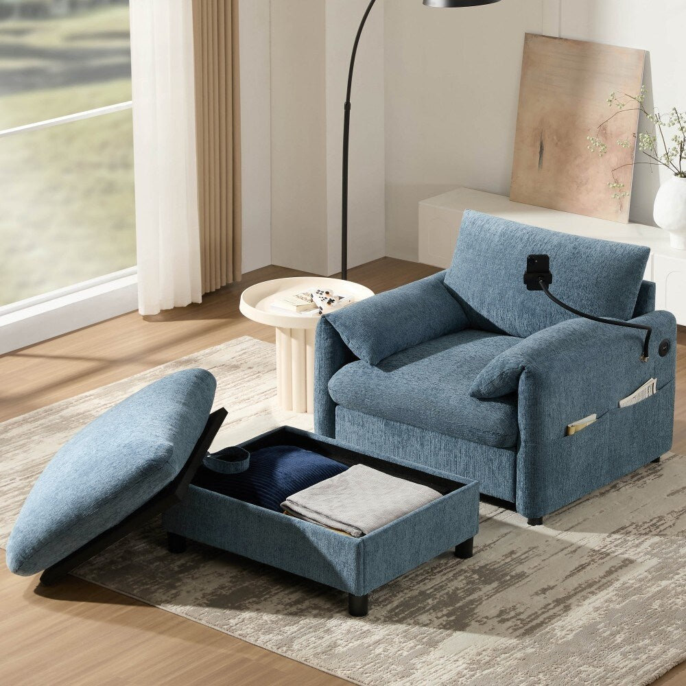 Canapé simple en chenille de 38 pouces avec pouf de rangement, chargeur USB, poches de rangement latérales et accoudoirs en forme de coussin