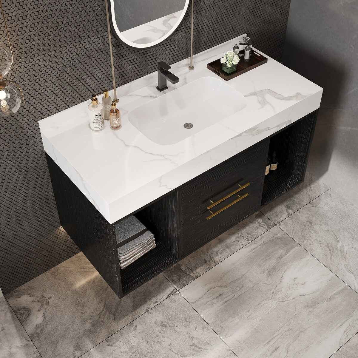 Meuble-lavabo flottant de 39,4 po avec lavabo en céramique, meuble-lavabo suspendu au mur, 2 tiroirs à fermeture douce et plateau en ardoise blanche - 39'4 x 18'9