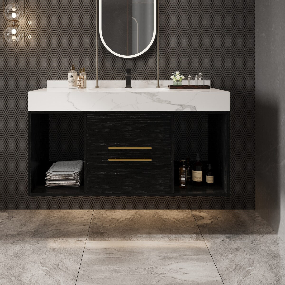 Meuble-lavabo flottant de 39,4 po avec lavabo en céramique, meuble-lavabo suspendu au mur, 2 tiroirs à fermeture douce et plateau en ardoise blanche - 39'4 x 18'9