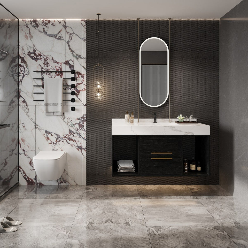 Meuble-lavabo flottant de 39,4 po avec lavabo en céramique, meuble-lavabo suspendu au mur, 2 tiroirs à fermeture douce et plateau en ardoise blanche - 39'4 x 18'9