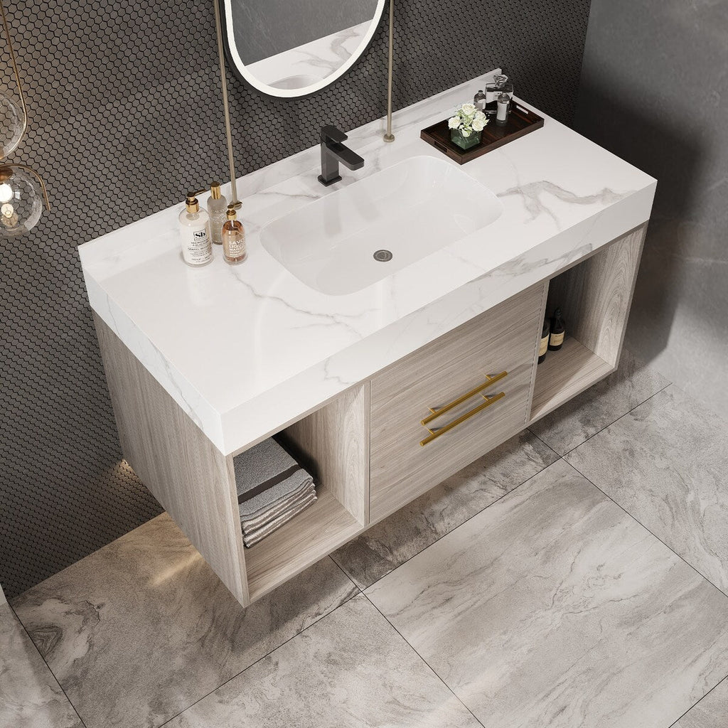 Meuble-lavabo flottant de 39,4 po avec lavabo en céramique, meuble-lavabo suspendu au mur, 2 tiroirs à fermeture douce et plateau en ardoise blanche - 39'4 x 18'9