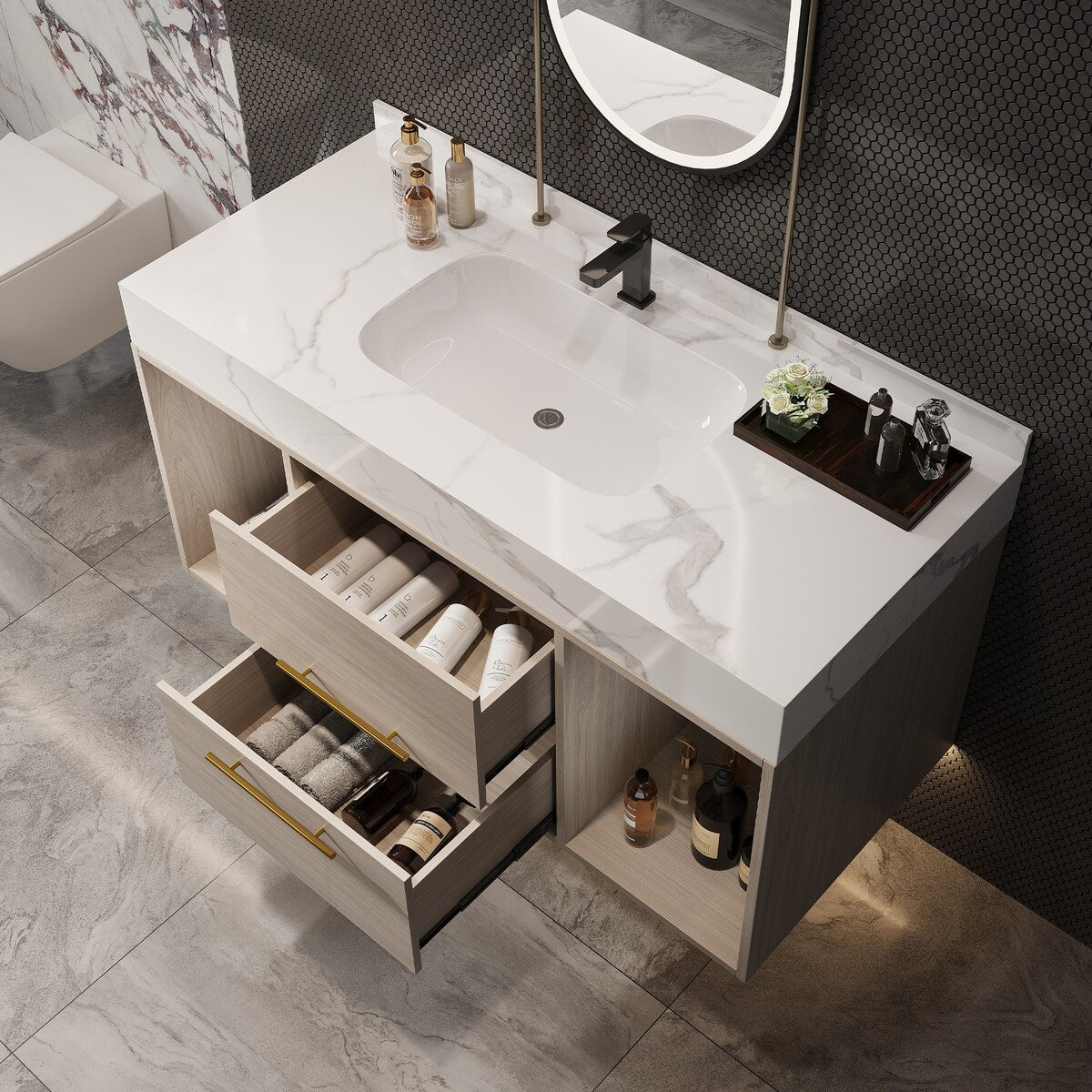 Meuble-lavabo flottant de 39,4 po avec lavabo en céramique, meuble-lavabo suspendu au mur, 2 tiroirs à fermeture douce et plateau en ardoise blanche - 39'4 x 18'9