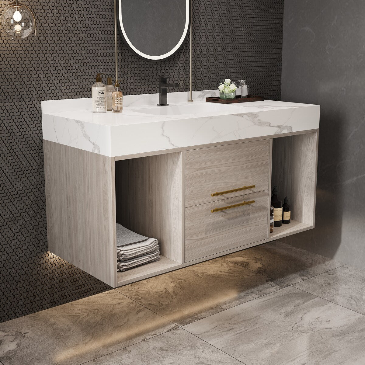 Meuble-lavabo flottant de 39,4 po avec lavabo en céramique, meuble-lavabo suspendu au mur, 2 tiroirs à fermeture douce et plateau en ardoise blanche - 39'4 x 18'9