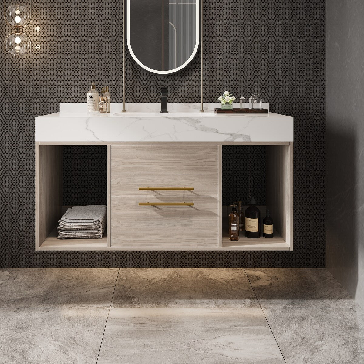 Meuble-lavabo flottant de 39,4 po avec lavabo en céramique, meuble-lavabo suspendu au mur, 2 tiroirs à fermeture douce et plateau en ardoise blanche - 39'4 x 18'9