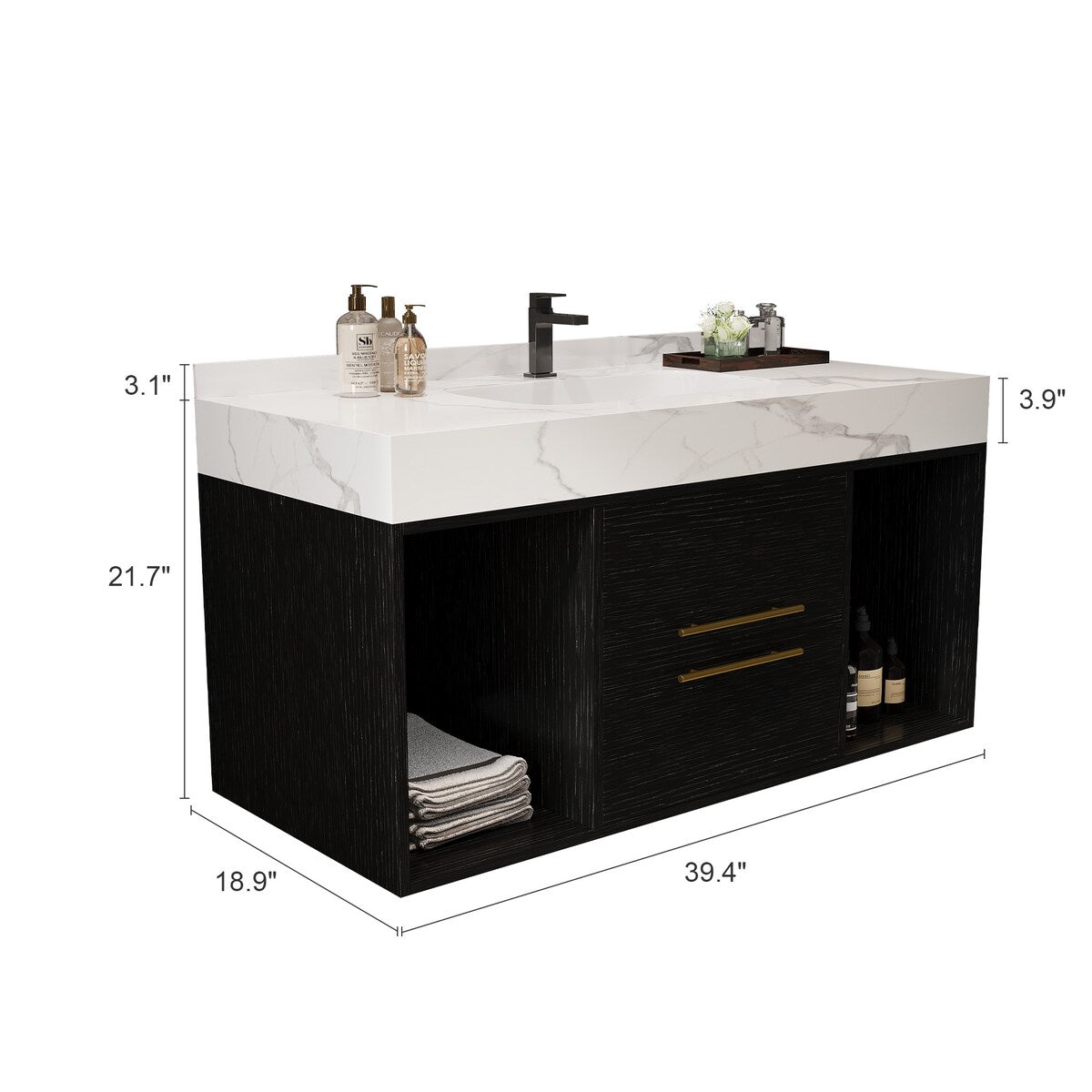 Meuble-lavabo flottant de 39,4 po avec lavabo en céramique, meuble-lavabo suspendu au mur, 2 tiroirs à fermeture douce et plateau en ardoise blanche - 39'4 x 18'9