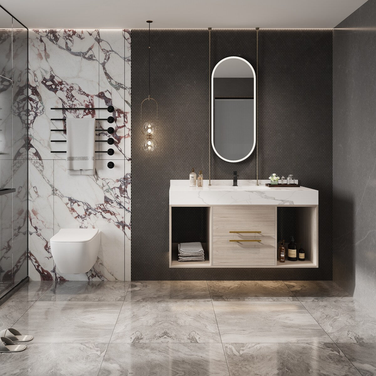 Meuble-lavabo flottant de 39,4 po avec lavabo en céramique, meuble-lavabo suspendu au mur, 2 tiroirs à fermeture douce et plateau en ardoise blanche - 39'4 x 18'9