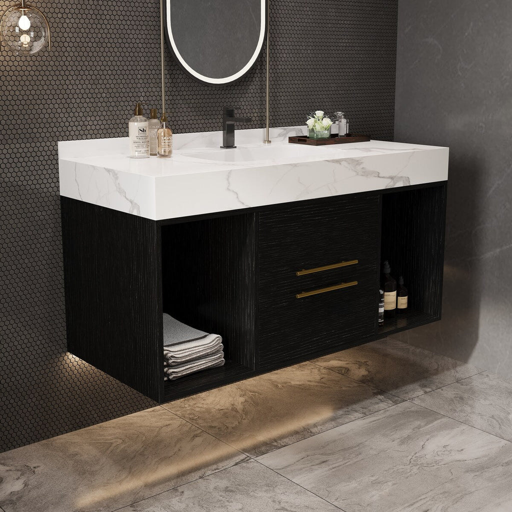 Meuble-lavabo flottant de 39,4 po avec lavabo en céramique, meuble-lavabo suspendu au mur, 2 tiroirs à fermeture douce et plateau en ardoise blanche - 39'4 x 18'9