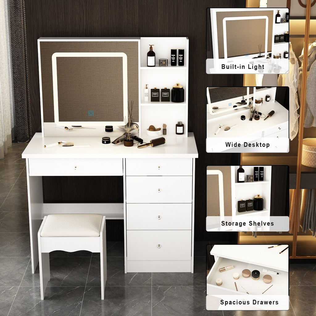 Ensemble de coiffeuse de maquillage de 39,4 po de largeur avec tabouret et miroir