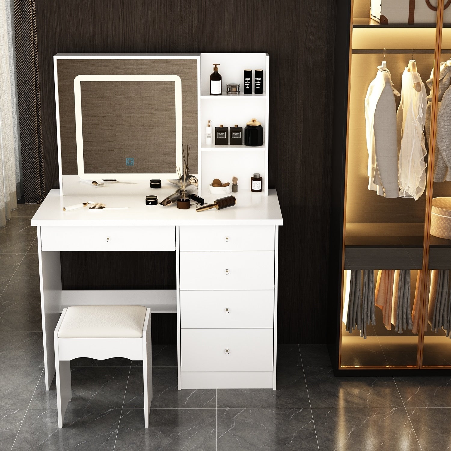 Ensemble de coiffeuse de maquillage de 39,4 po de largeur avec tabouret et miroir