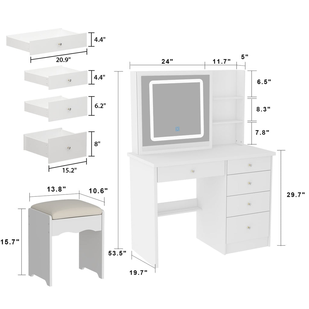 Ensemble de coiffeuse de maquillage de 39,4 po de largeur avec tabouret et miroir