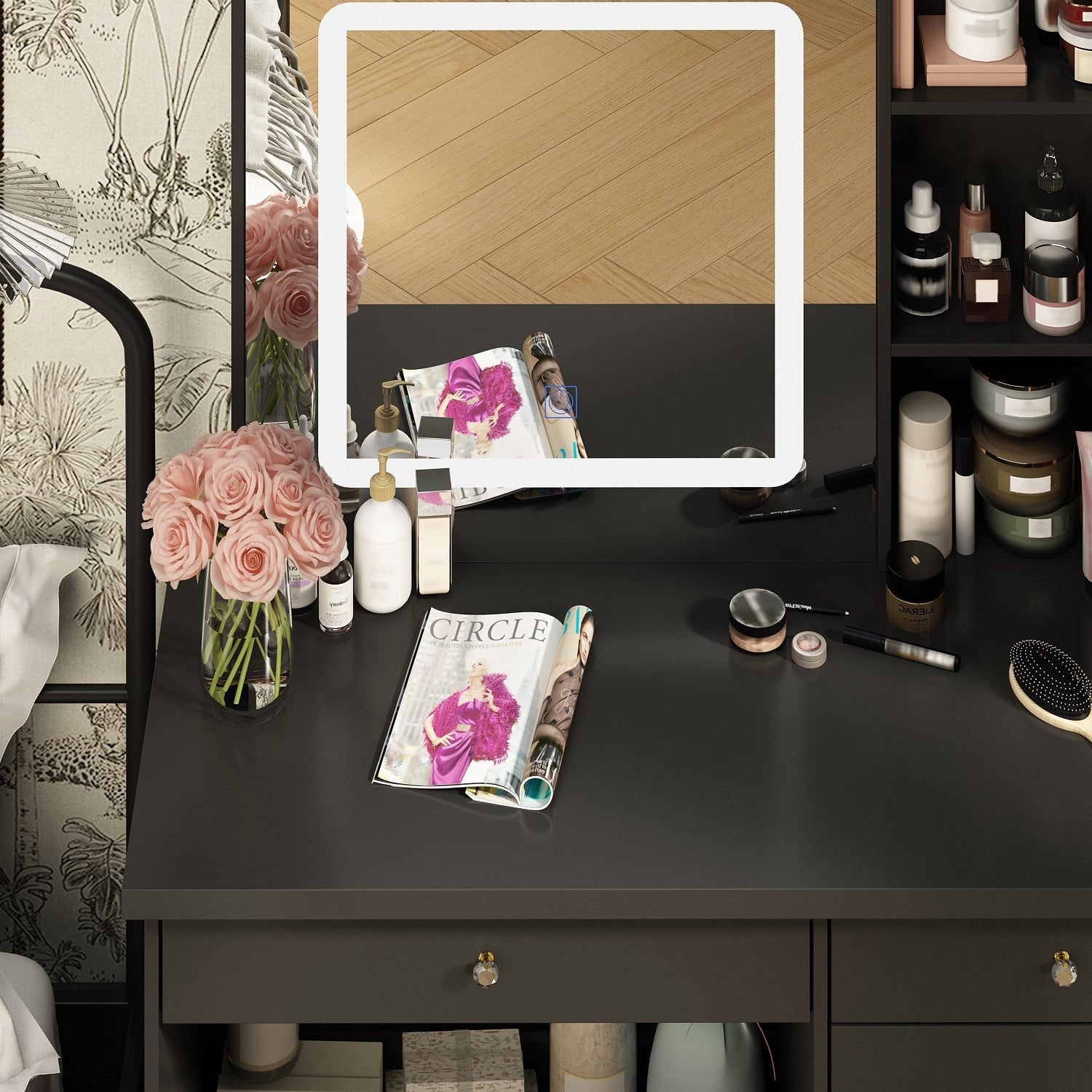 Ensemble de coiffeuse de maquillage de 39,4 po de largeur avec tabouret et miroir