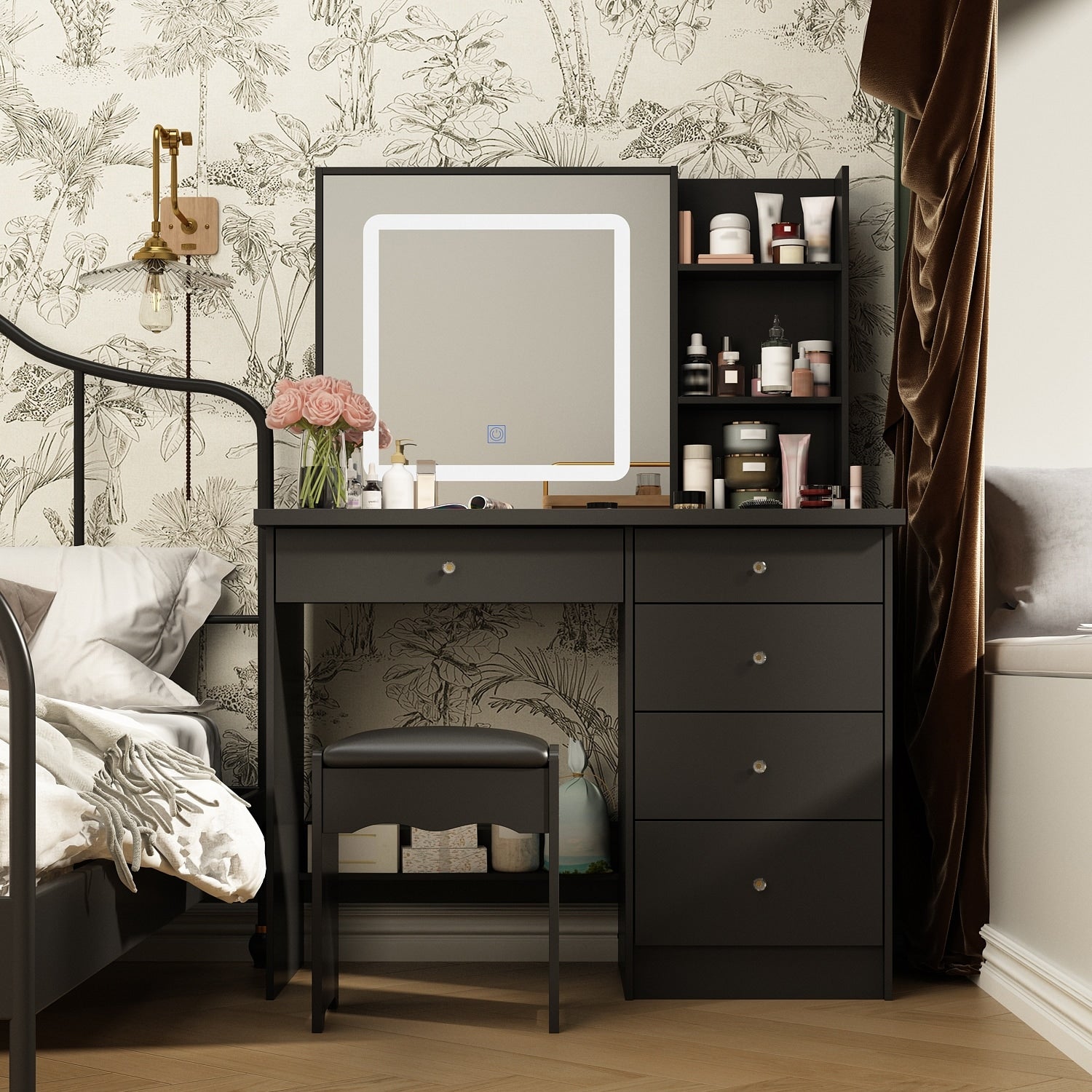 Ensemble de coiffeuse de maquillage de 39,4 po de largeur avec tabouret et miroir