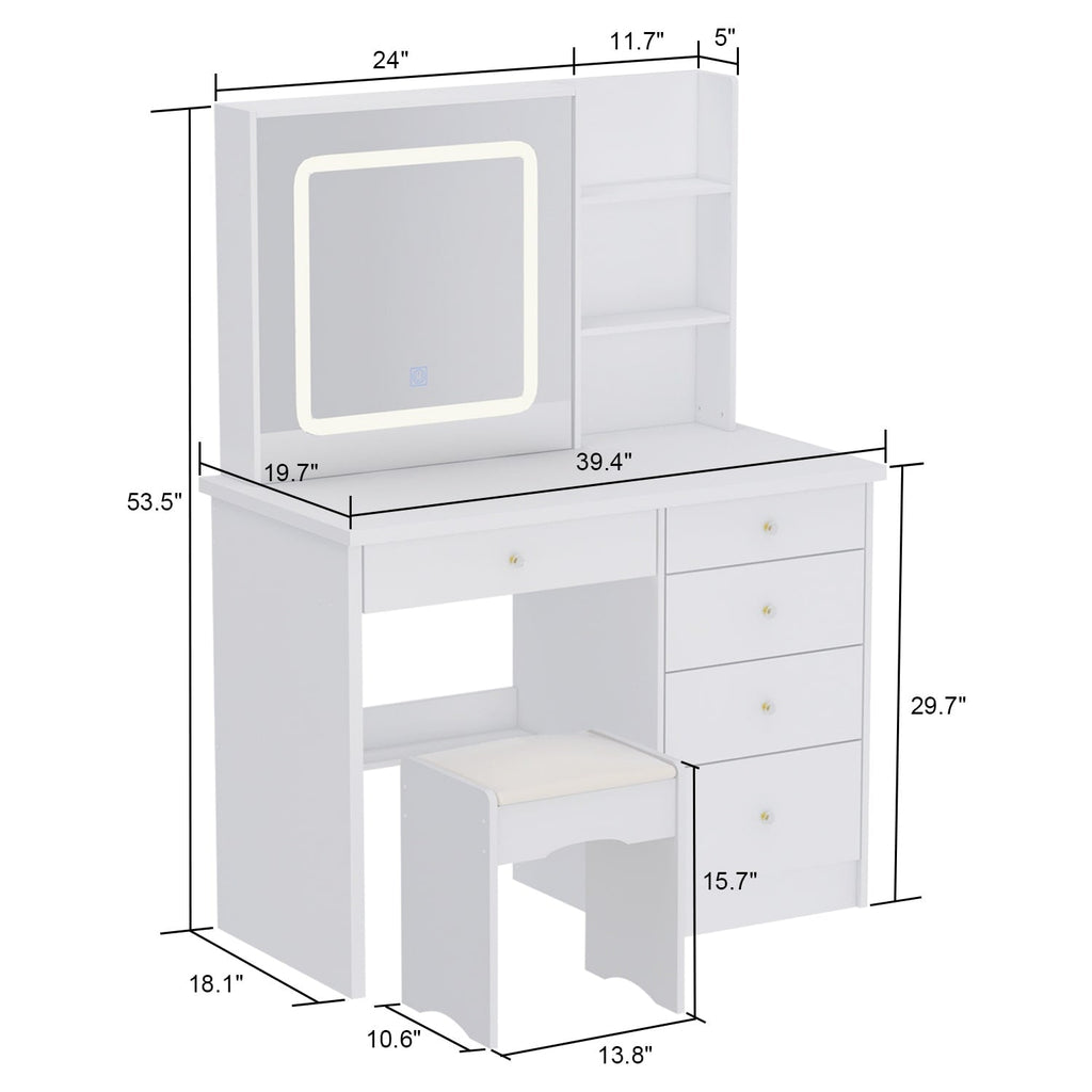 Ensemble de coiffeuse de maquillage de 39,4 po de largeur avec tabouret et miroir