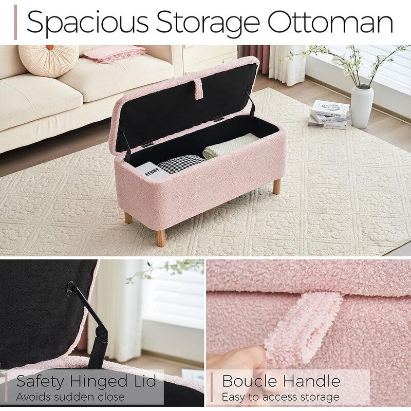 39.5 Off White Boucle Storage Ottoman Bench Sherpa Storage Bench Ottoman Foot Rest End of Bed for Living Room Bedroom,Wood Leg