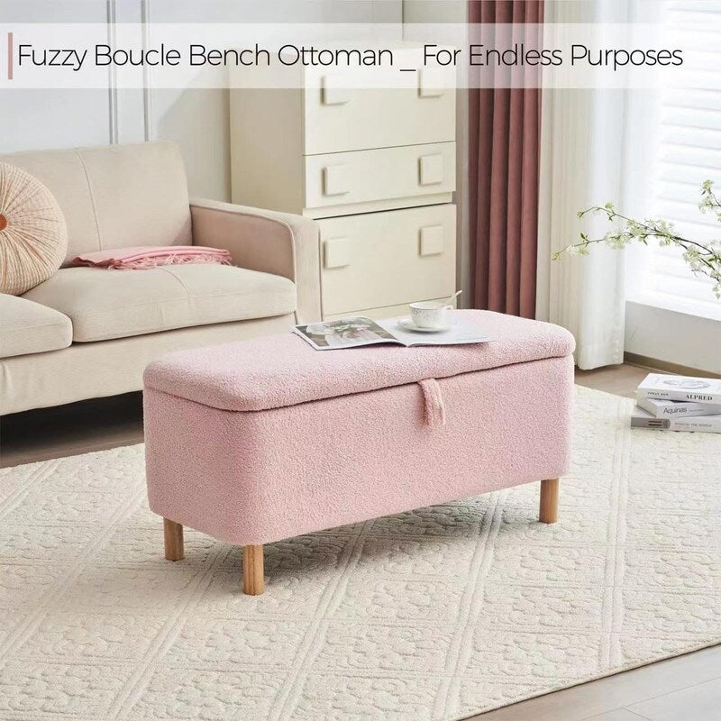 39.5 Off White Boucle Storage Ottoman Bench Sherpa Storage Bench Ottoman Foot Rest End of Bed for Living Room Bedroom,Wood Leg